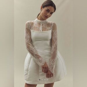 Anthropologie BHLDN Ivory Long-Sleeve High-Neck Lace Fit & Flare Mini Dress